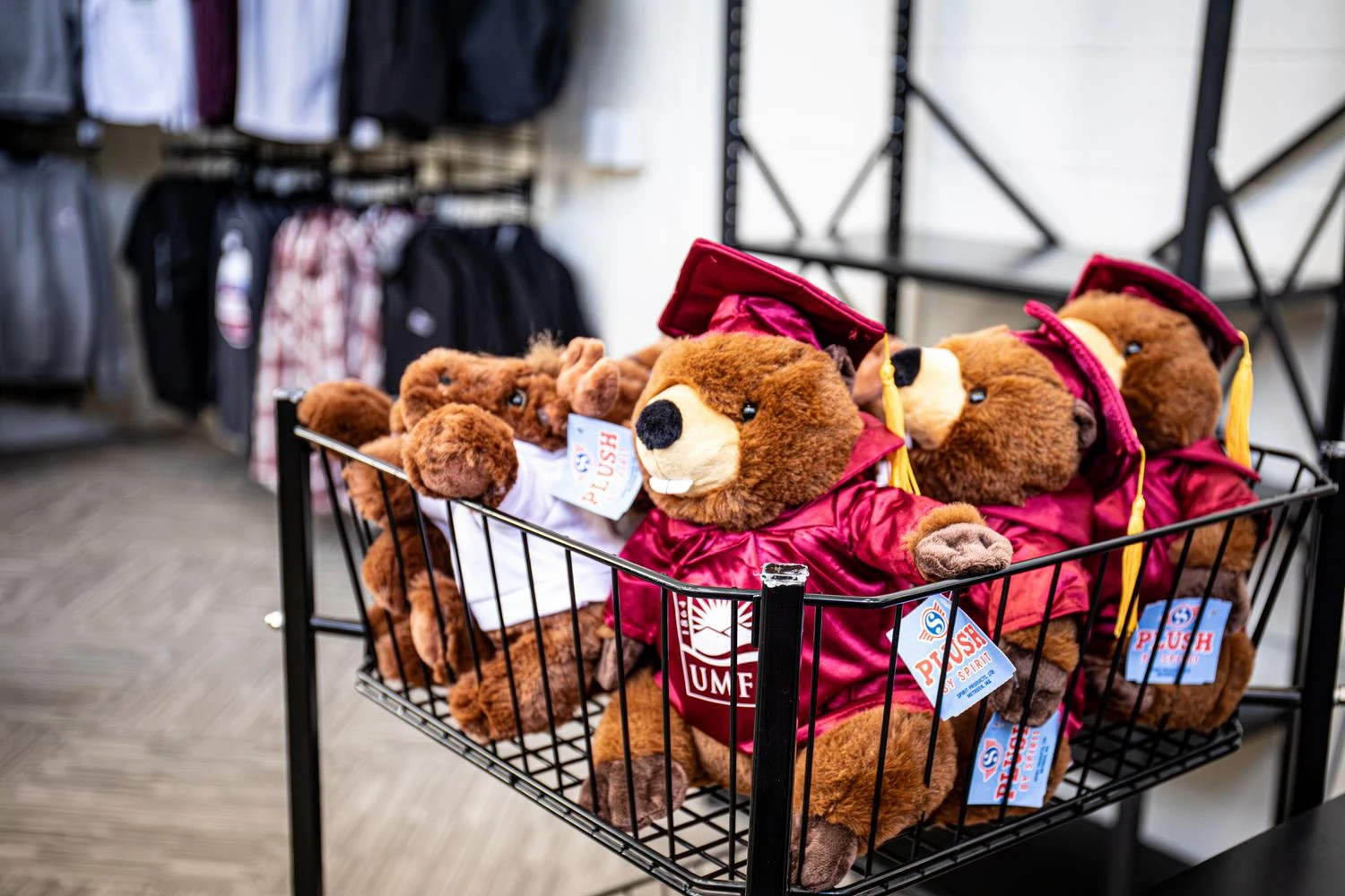 Basket of UMF-themed teddy bears in the campus store.