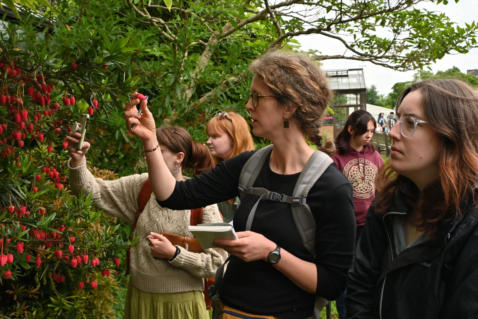 Professor and students outdoors in nature inspecting plants